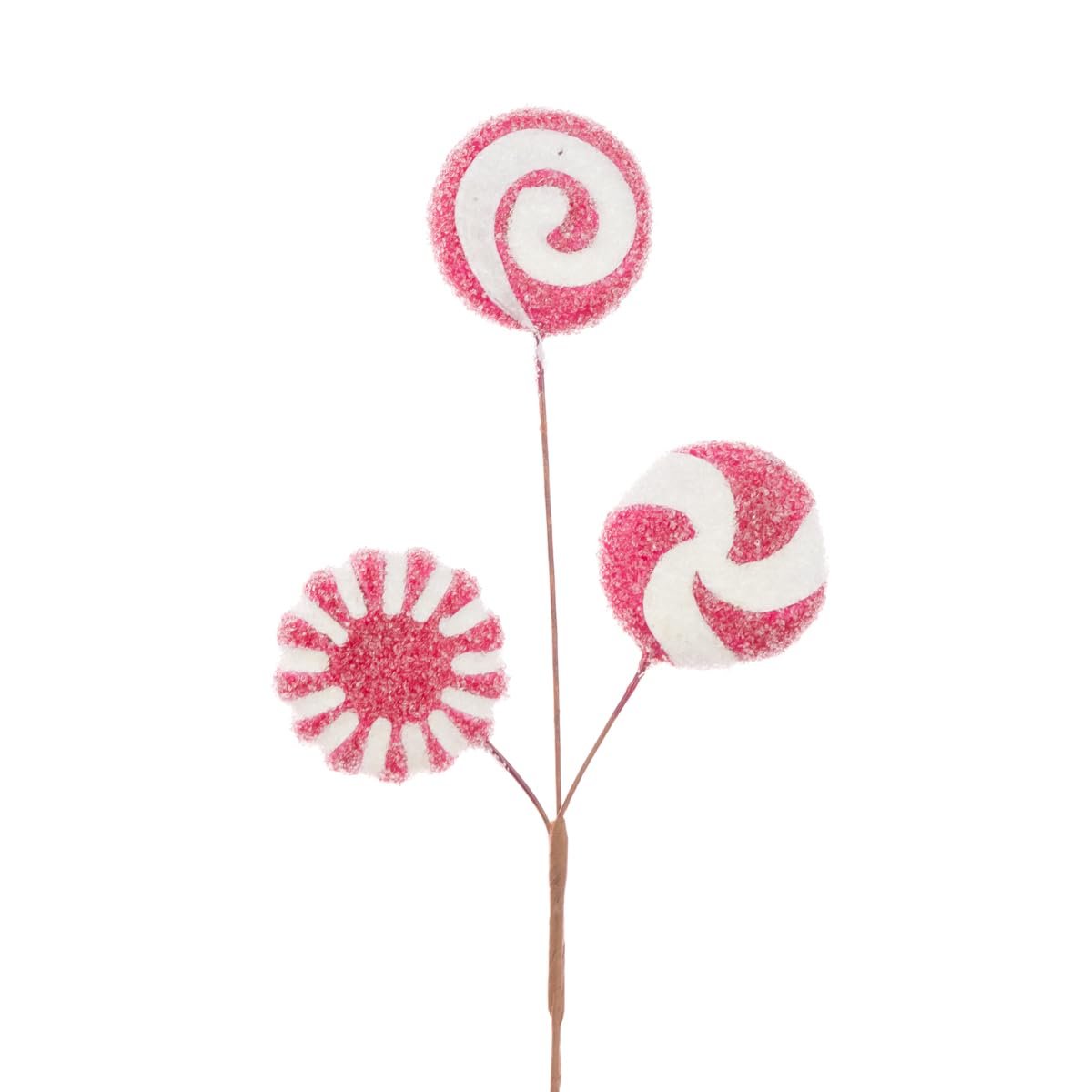 Frosted Peppermint Candy Christmas Tree Pick Decoration - Red & White Candy Cane Theme Christmas Floral Stem Decor with 3 Swirl Lollipops