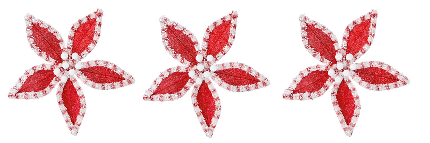Set of 3 Velvet Sequin Edge Red White Poinsettia Flower Clip Christmas Tree Floral Pick Ornament Xmas Decor Garland Wreath Decoration