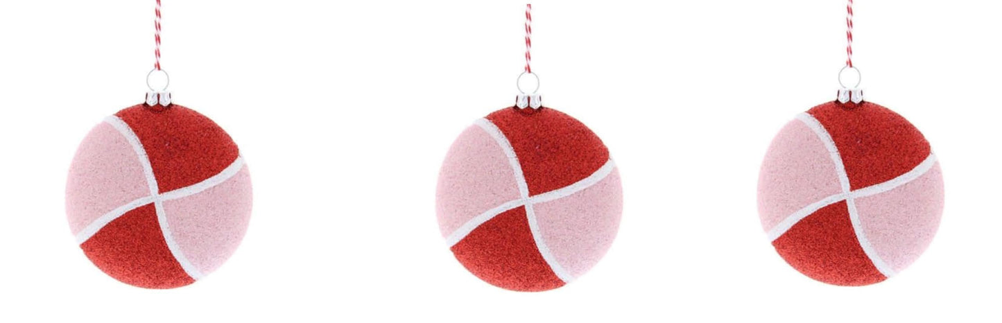 Set of 3 Sparkly Red Pink Striped Candy Sweet Shop Theme Shatterproof Ornamnet Hanging Christmas Tree Bauble Ornament Xmas Decor Decoration
