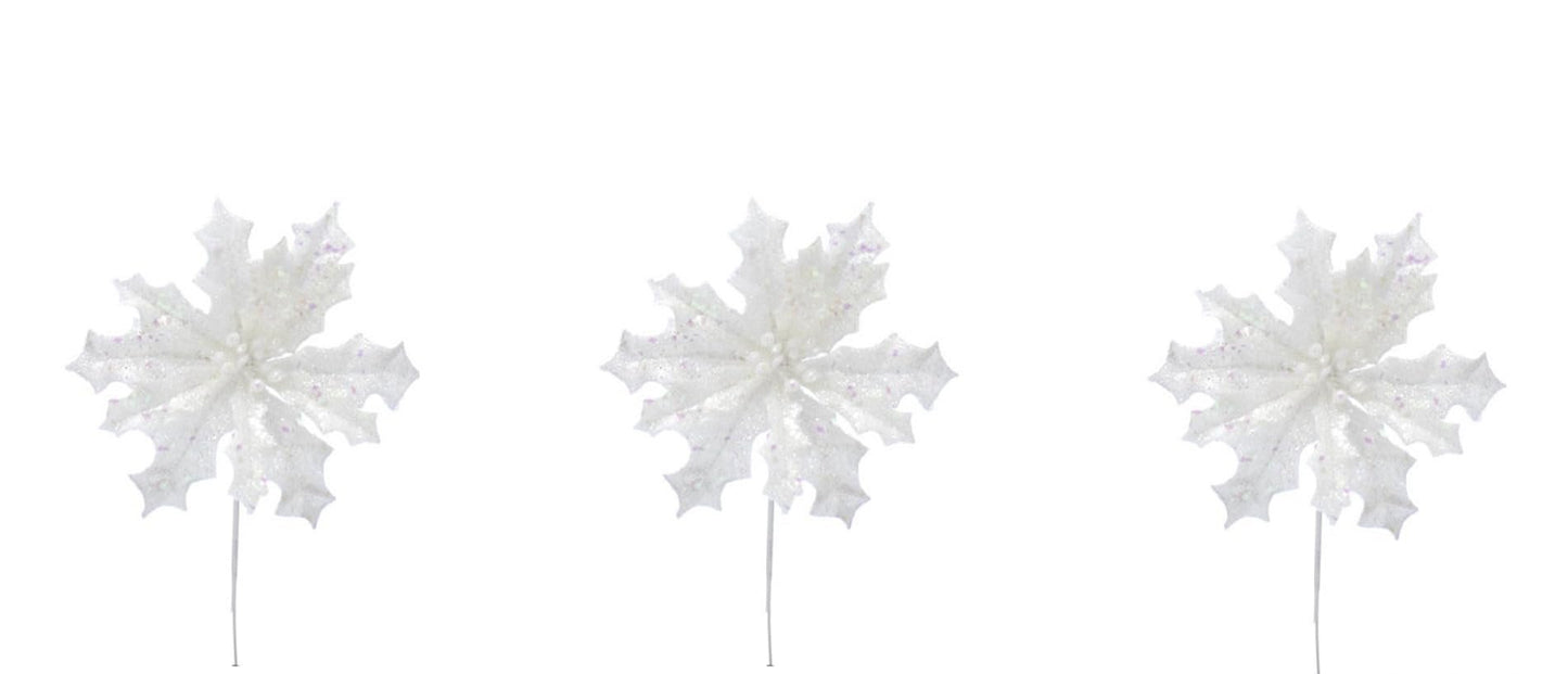 Set of 3 Sparkly Glitter White Poinsettia Flower Christmas Tree Floral Pick Ornament Xmas Decor Garland Wreath Decoration