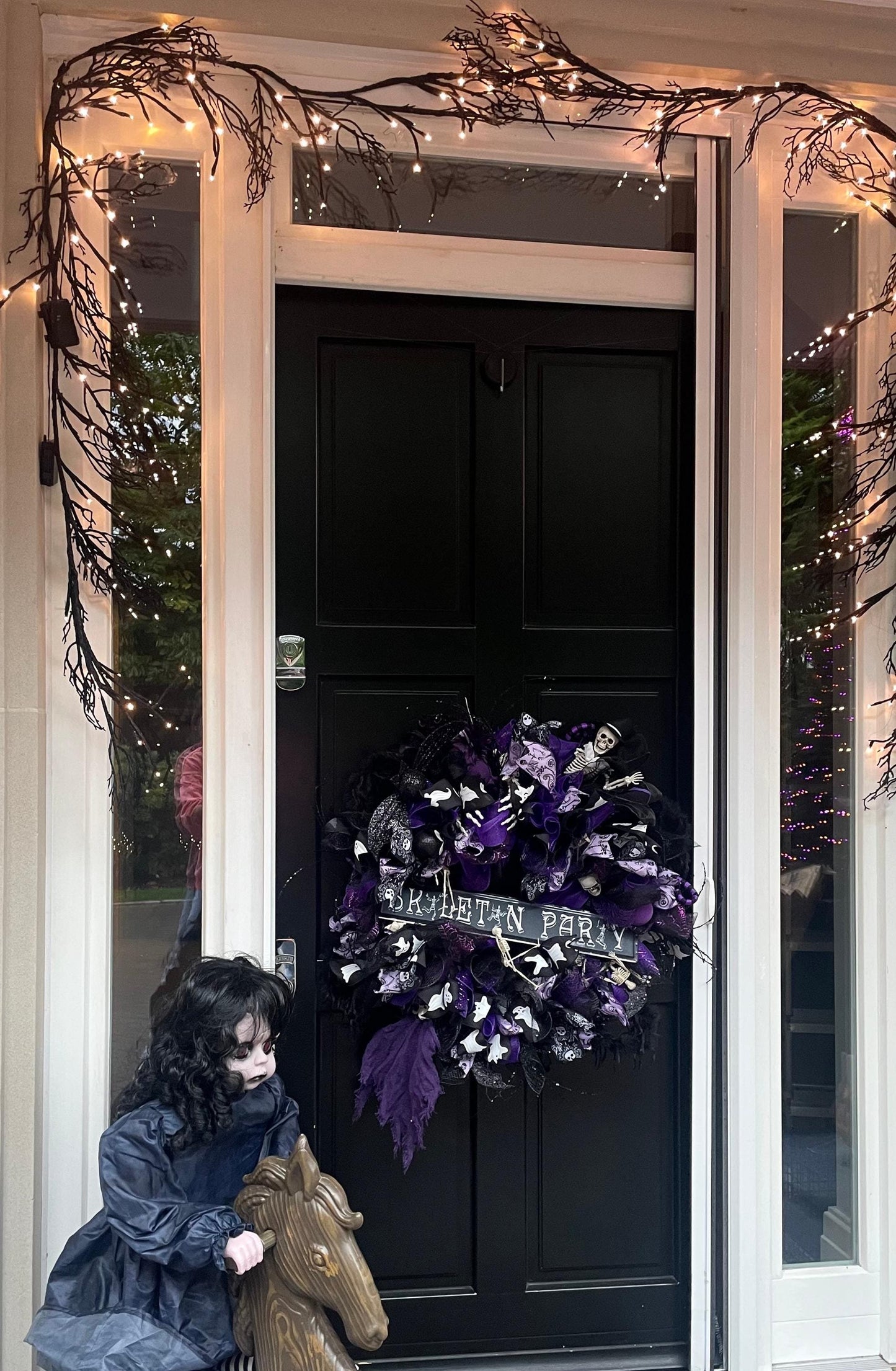Large Halloween Front Door Wreath Spooky Hanger Black Purple Skeleton Party Wall Porch Hanger Handmade House Home Decor Decorations Welcome