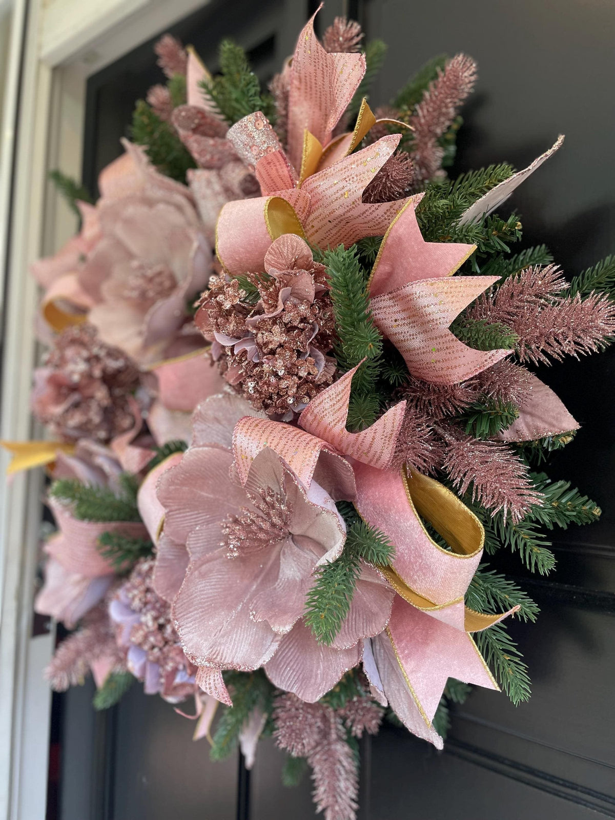 Luxury Blush Pink Christmas Wreath | Elegant Velvet Magnolia Front Door Wreath | 60cm (24")