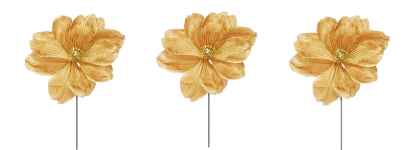 Glamour Girlz Set of 3 Gold Velvet Flower Christmas Tree Floral Pick Stem Ornament Xmas Decor Garland Wreath Decoration Accent Holiday Arrangement