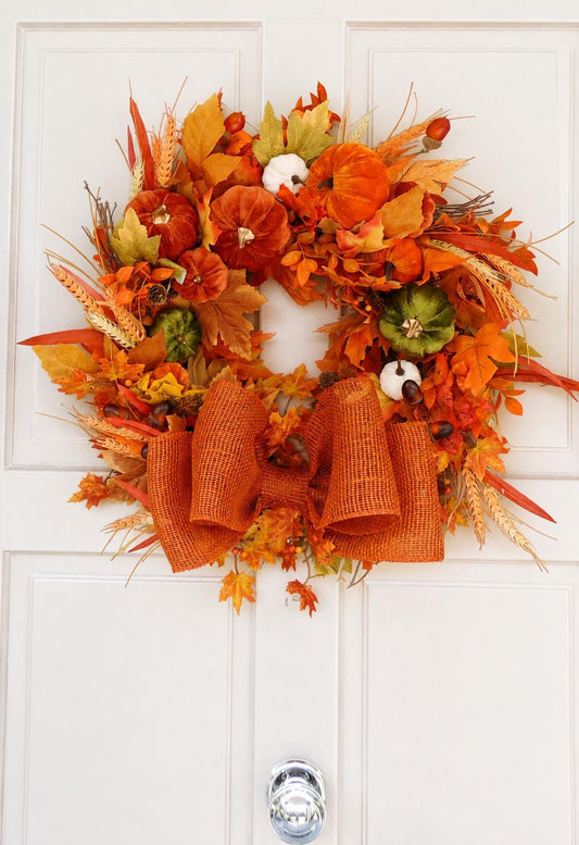 Large Velvet Pumpkin Autumn Wreath, Rustic Harvest Front Door Decor, Burnt Orange Fall Decoration, Thanksgiving Decorating