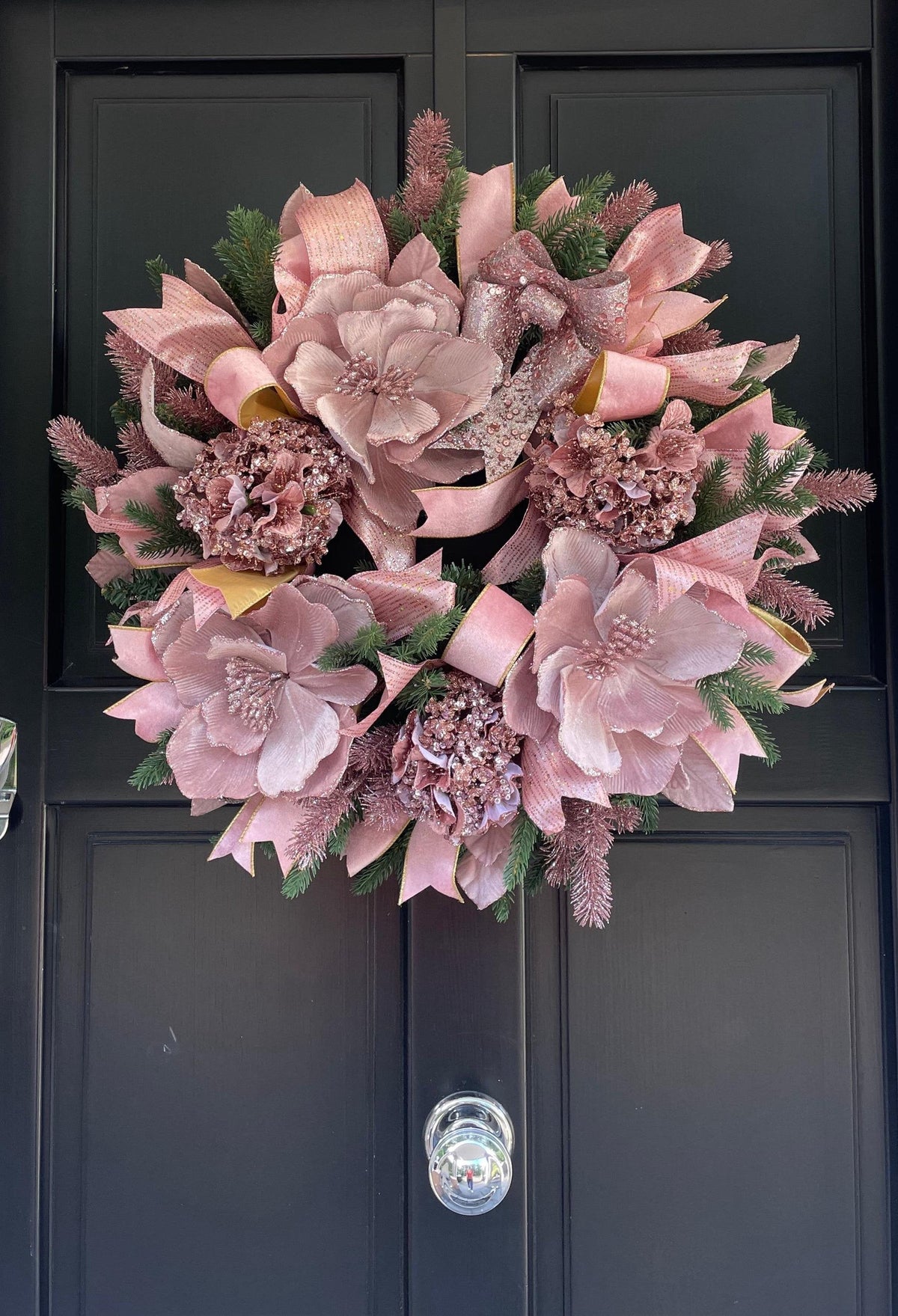 Luxury Blush Pink Christmas Wreath | Elegant Velvet Magnolia Front Door Wreath | 60cm (24")