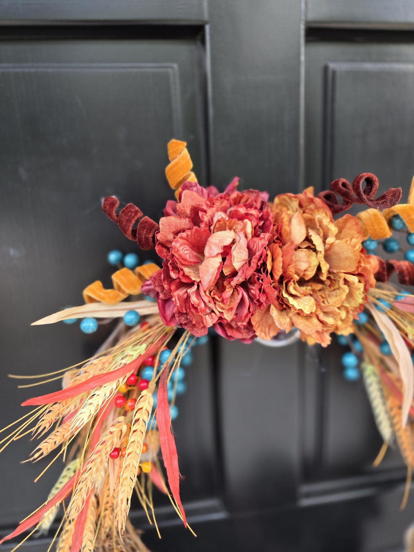 Orange Teal Autumn Fall Orange Harvest Front Door Wreath Luxury Rustic Wall Porch Hanger House Home Decor Decorations Thanksgiving Glam Boho