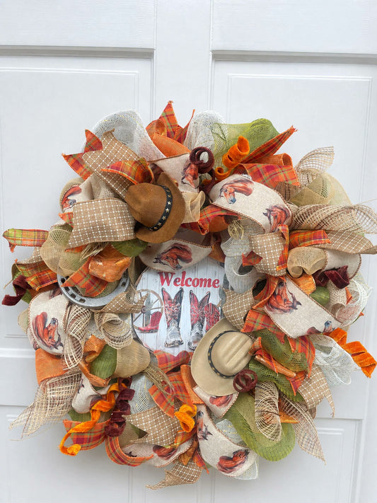 Luxury Southern Charm Welcome Wreath | Western Ranch Front Door Decor | Horse Lover Farmhouse Wreath