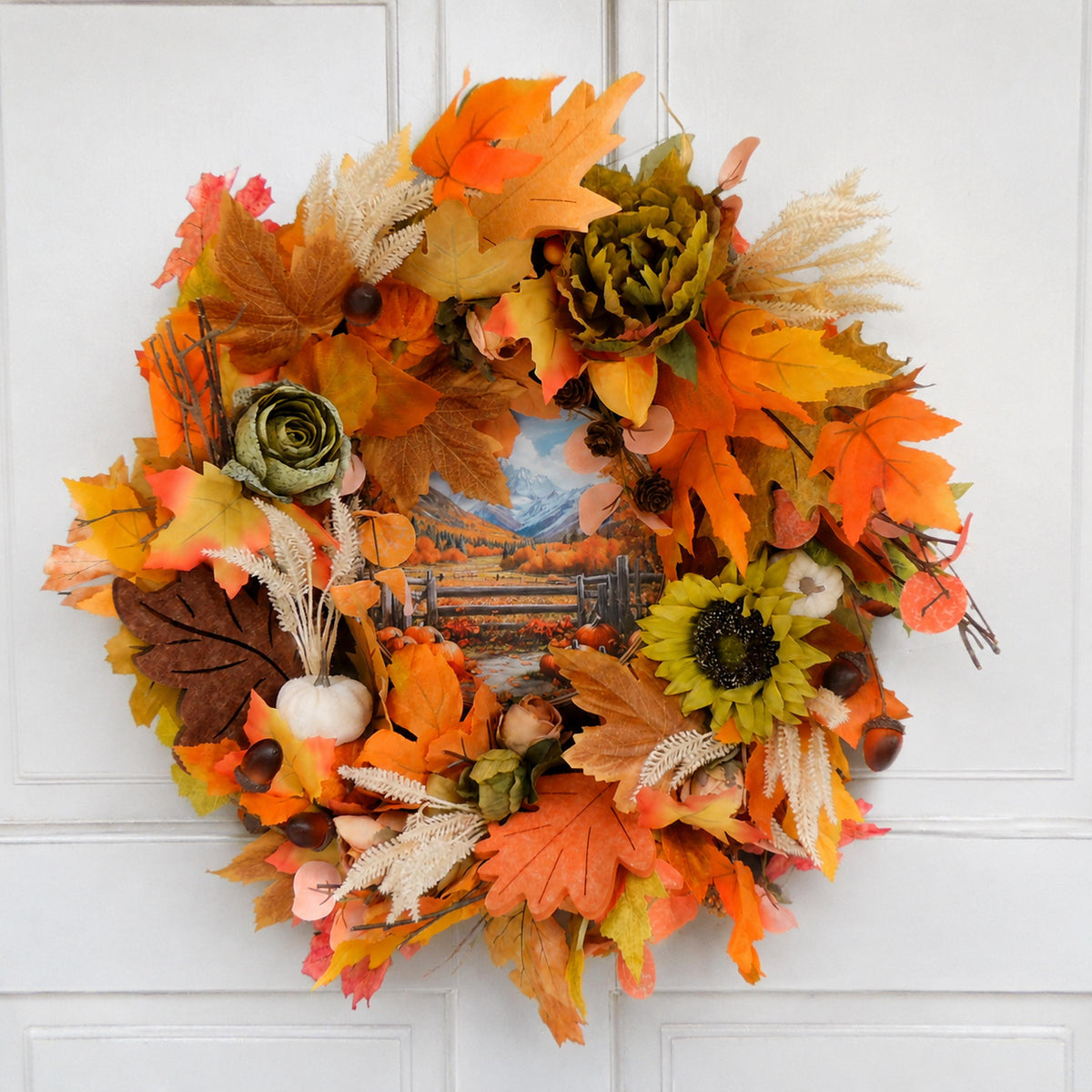 Autumn Harvest Wreath | Sunflowers, Pumpkins, Leaves, Farmhouse Door Decor