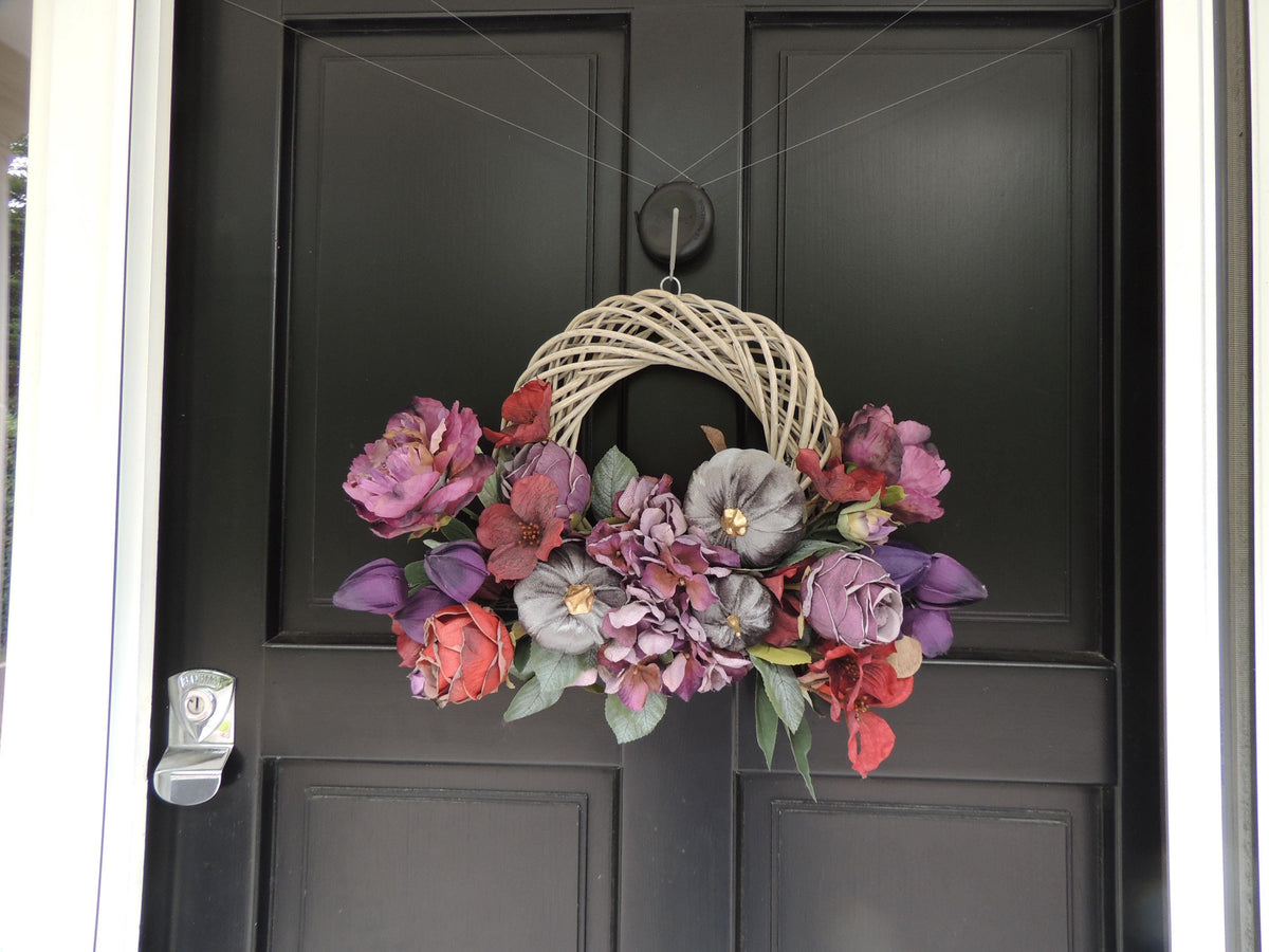 Large Mauve Fall Wreath, Autumn Pumpkin Door Decor, Thanksgiving Peony Floral, Front Porch Harvest Wreath, Farmhouse Entryway Decoration