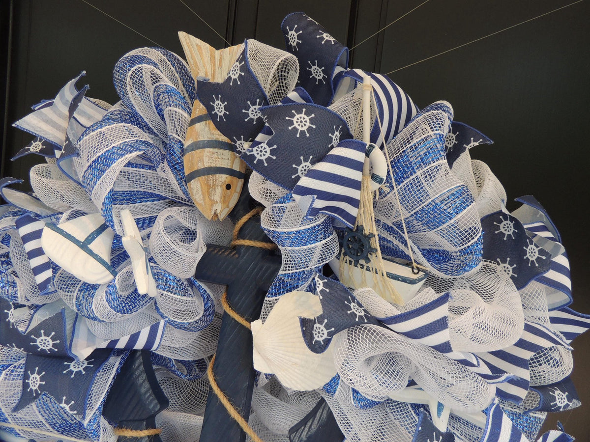20" Nautical Wreath, Coastal Beach House Wreath, Blue White Anchor Door Decor, Seaside Lake House Decor, Sailboat Ocean Wreath