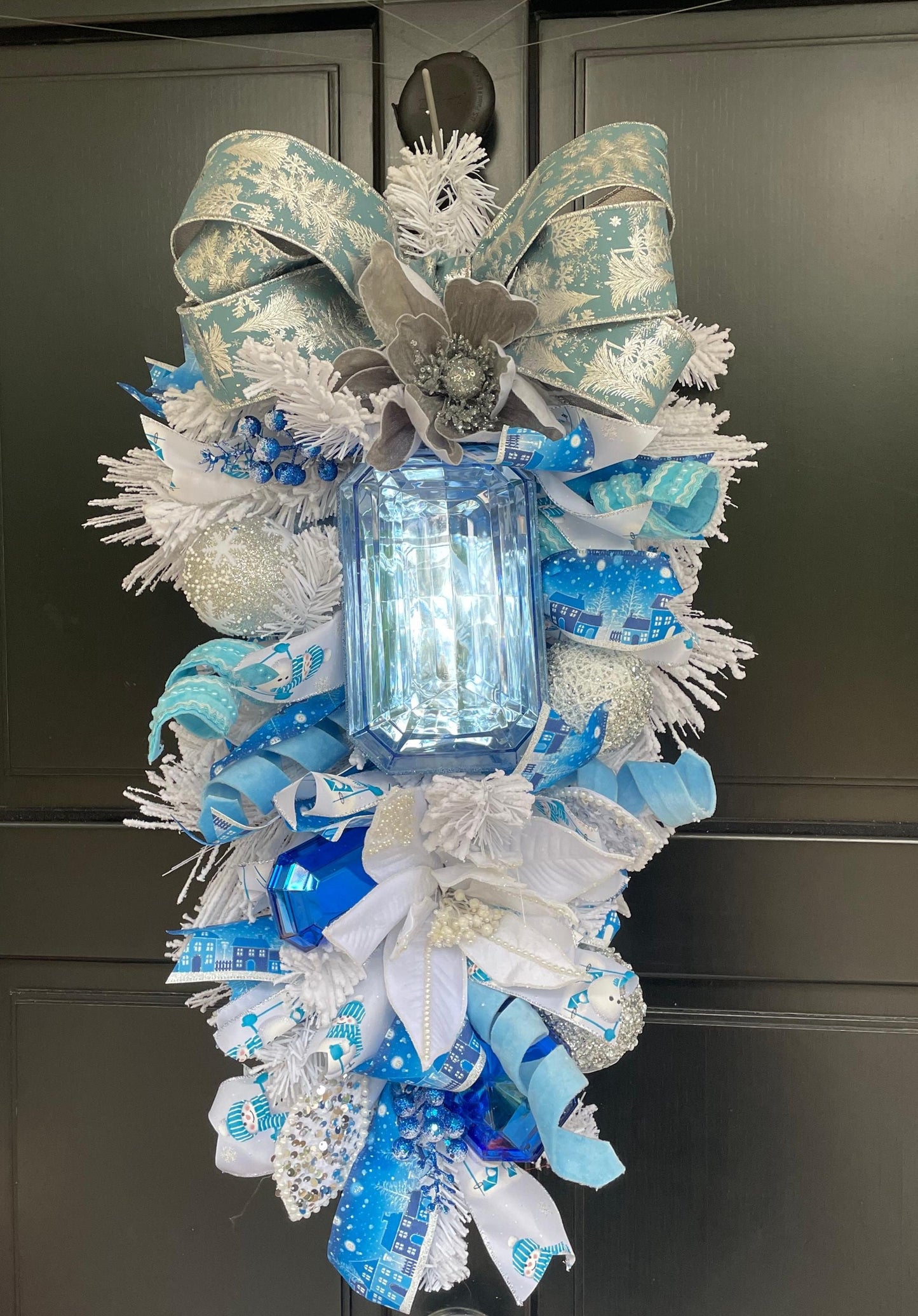 XL Ice Blue Snow Flocked  Luxury Teardrop Christmas Front Door Wreath White Home Decoration Xmas Winter Mantle Decor Holiday Advent Swag