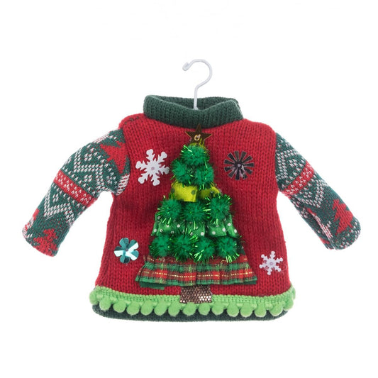 Festive Red & Green Knit Crochet Elf Jumper Christmas Tree Decoration Hanging Ornament Bauble Traditional Holiday Decor Kids Gift Xmas Trendy