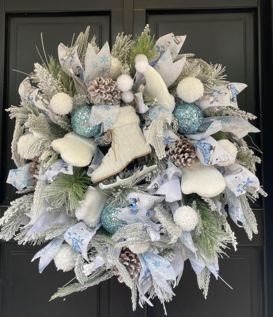 XL White Flocked Christmas Wreath Ice Skating Front Door Elegant Home Decor Decoration Glam Winter Swag Designer Unique Gift Luxury Holiday