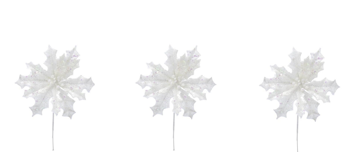Set of 3 Sparkly Glitter White Poinsettia Flower Christmas Tree Floral Pick Ornament Xmas Decor Garland Wreath Decoration
