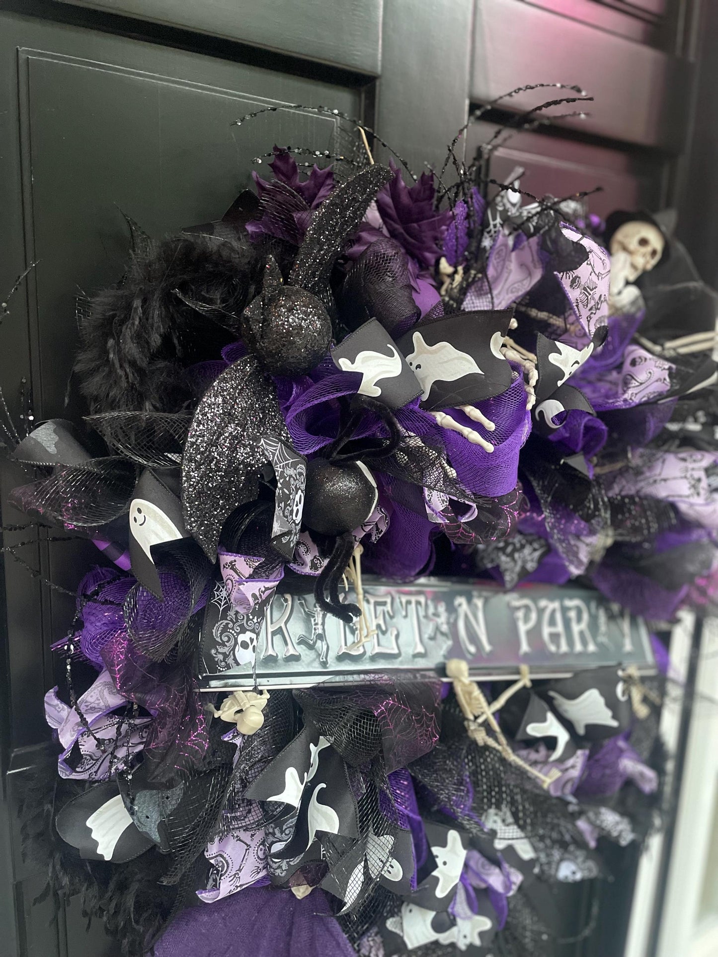 Large Halloween Front Door Wreath Spooky Hanger Black Purple Skeleton Party Wall Porch Hanger Handmade House Home Decor Decorations Welcome