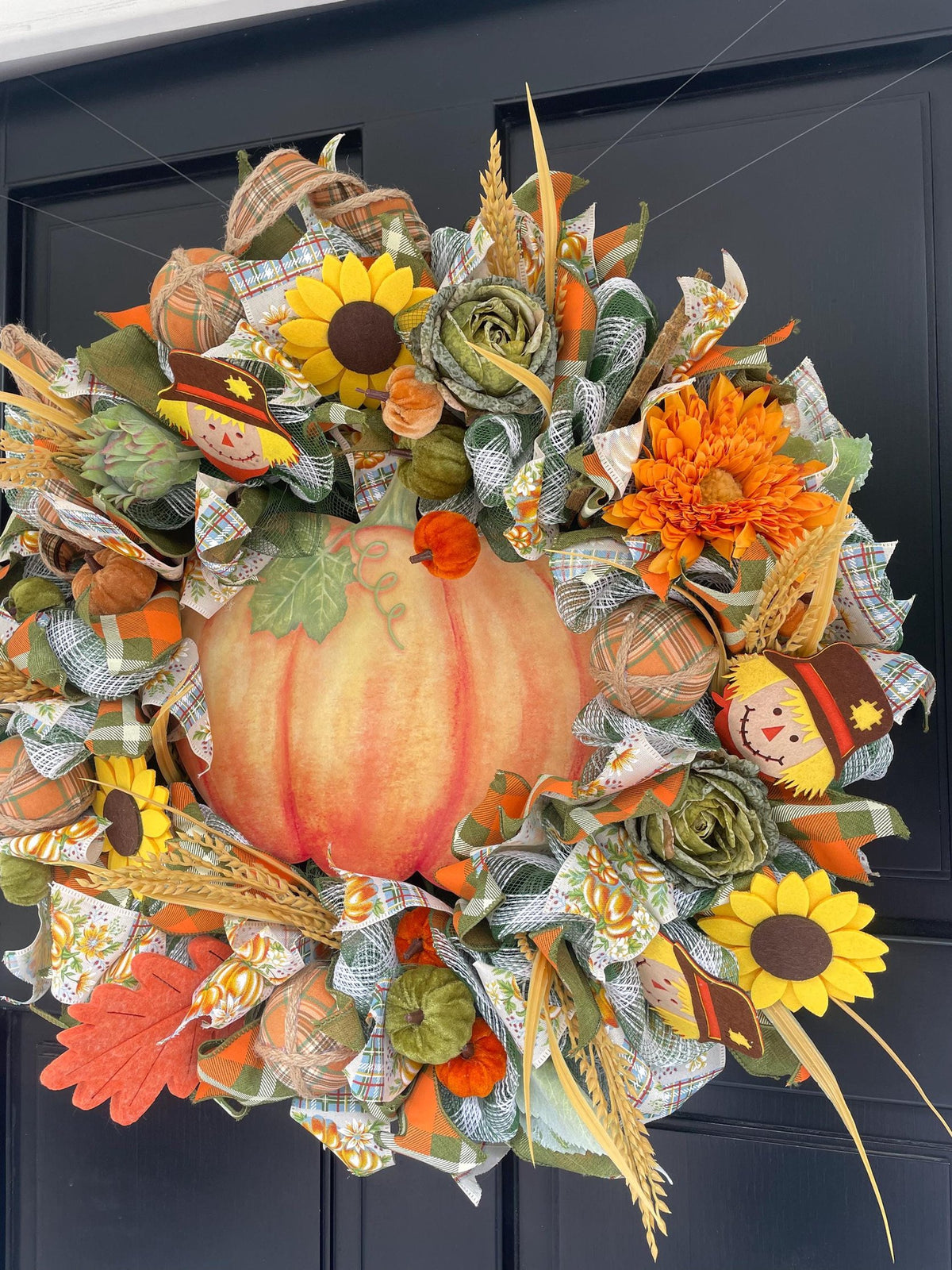 24" Large Autumn Pumpkin Wreath, Fall Harvest Front Door Wreath, Scarecrow Sunflower Thanksgiving Porch Decor, Farmhouse Autumn Decoration