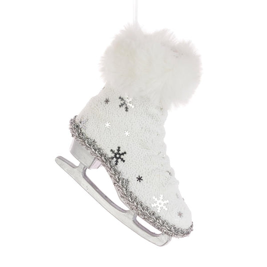 White Silver Snowflakes Fluffy Hanging Christmas Tree Decoration Ornament Traditional Holiday Decor Theme Gift Ice Skating Skate