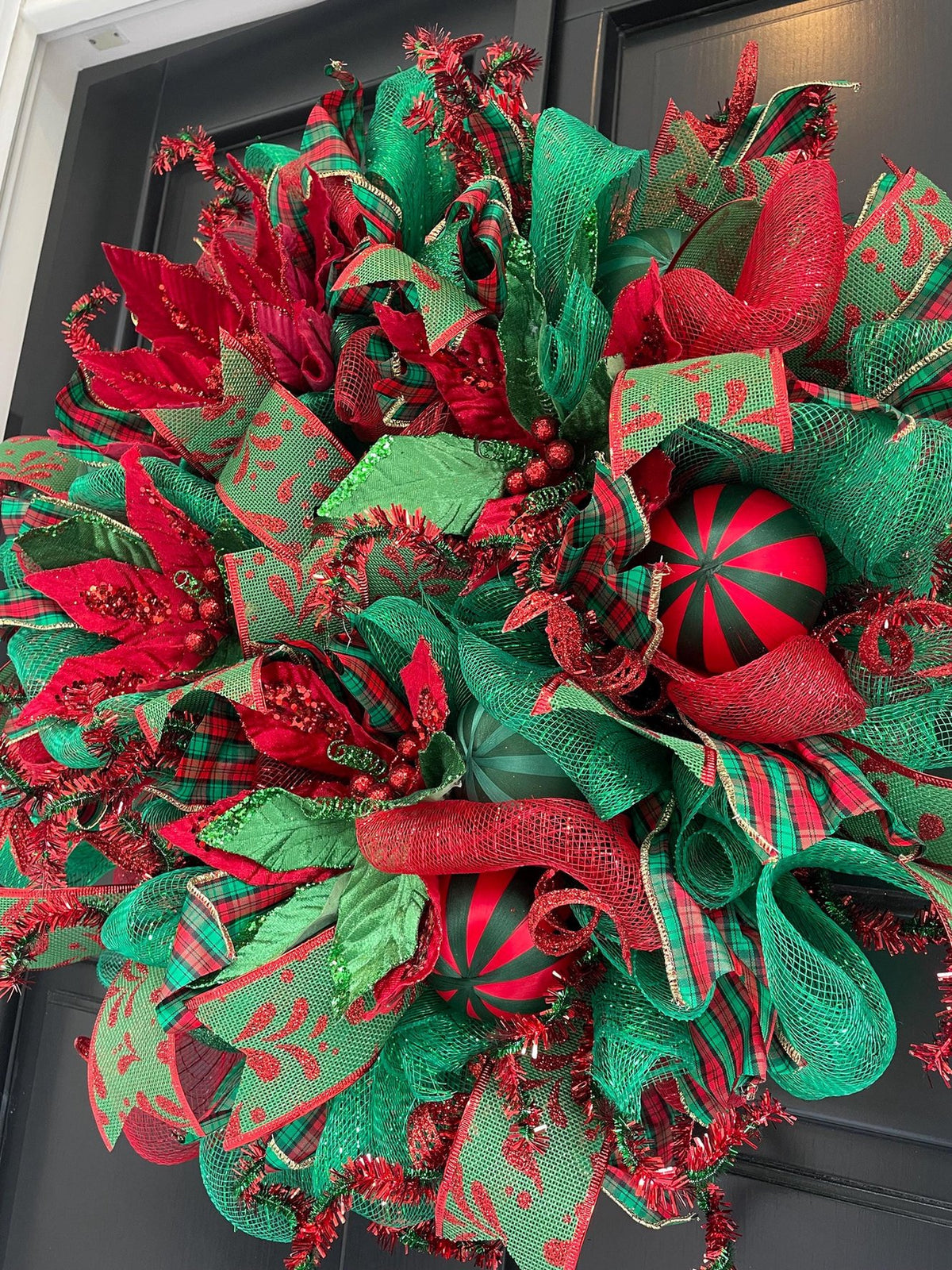Traditional Red and Green Christmas Wreath Front Door,Classic Holiday Door Decor,Festive Handmade Winter Wreath,Velvet Poinsettia Wreath