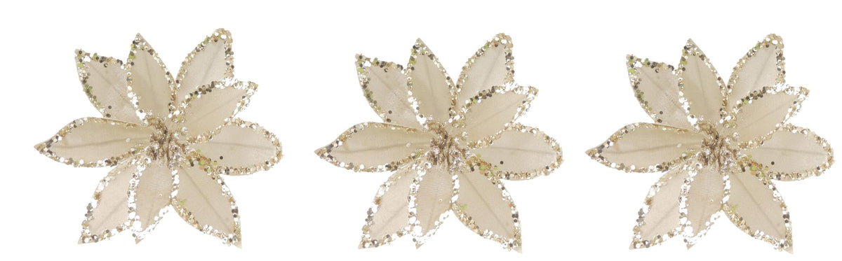 Set of 3 Nude Velvet Sequin Gold Poinsettia Flower Clip Christmas Tree Floral Pick Ornament Xmas Decor Garland Wreath Decoration
