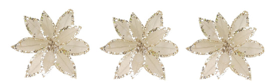 Set of 3 Nude Velvet Sequin Gold Poinsettia Flower Clip Christmas Tree Floral Pick Ornament Xmas Decor Garland Wreath Decoration