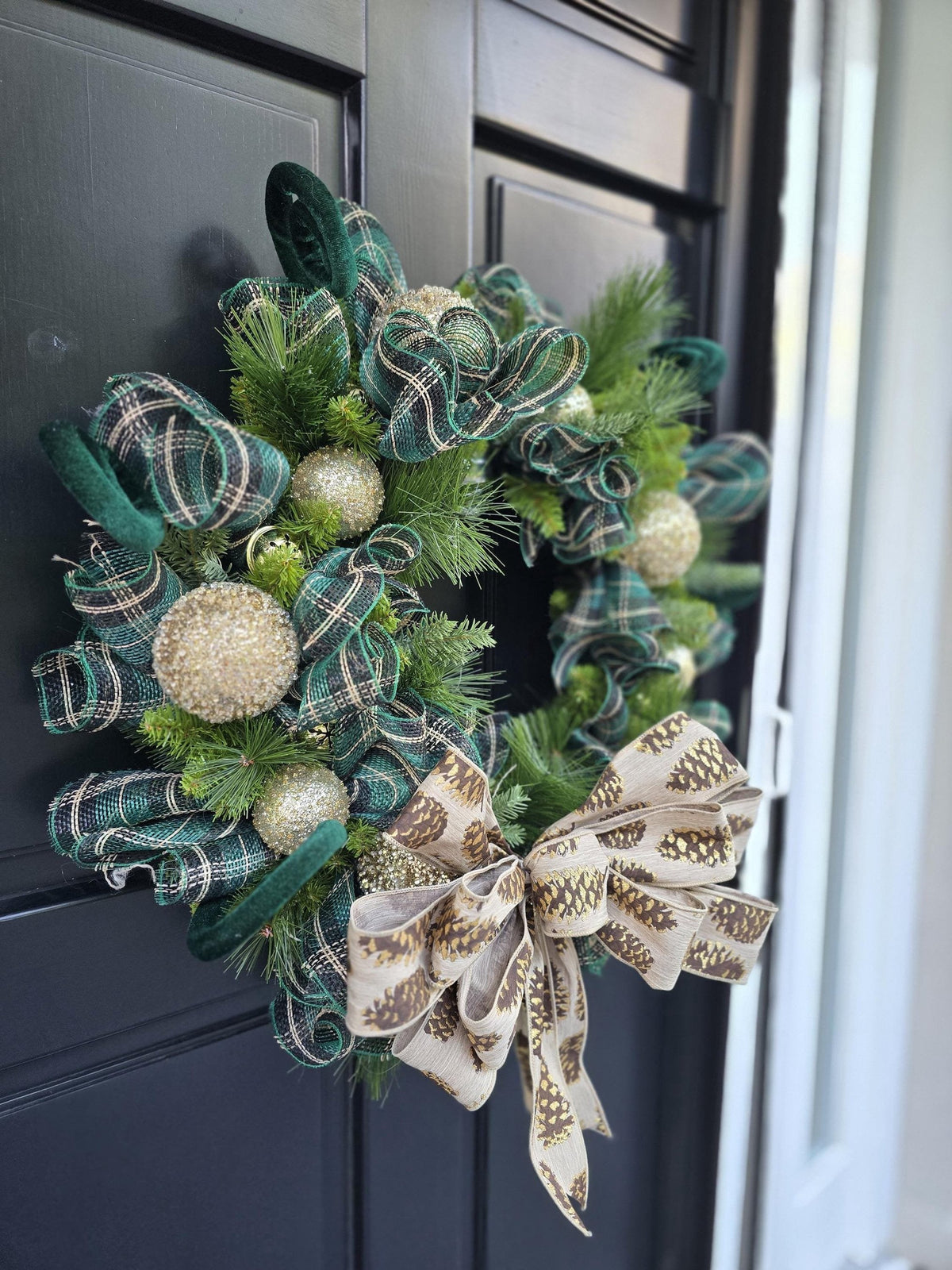 Luxury Gold & Green Christmas Wreath | Long Needle Pine Front Door Wreath | 60cm (24")