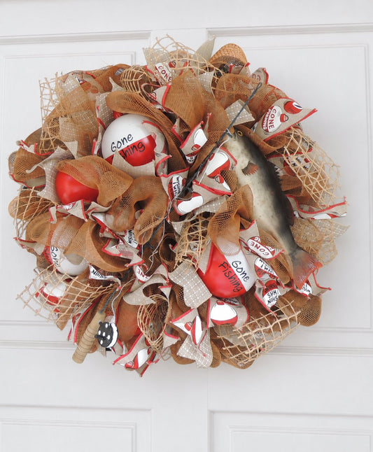 Fishing Bobber Wreath for Front Door, Angler Cabin Door Decor, Handmade Bass Fishing Wreath, Rustic Lake House Decoration Brown Red