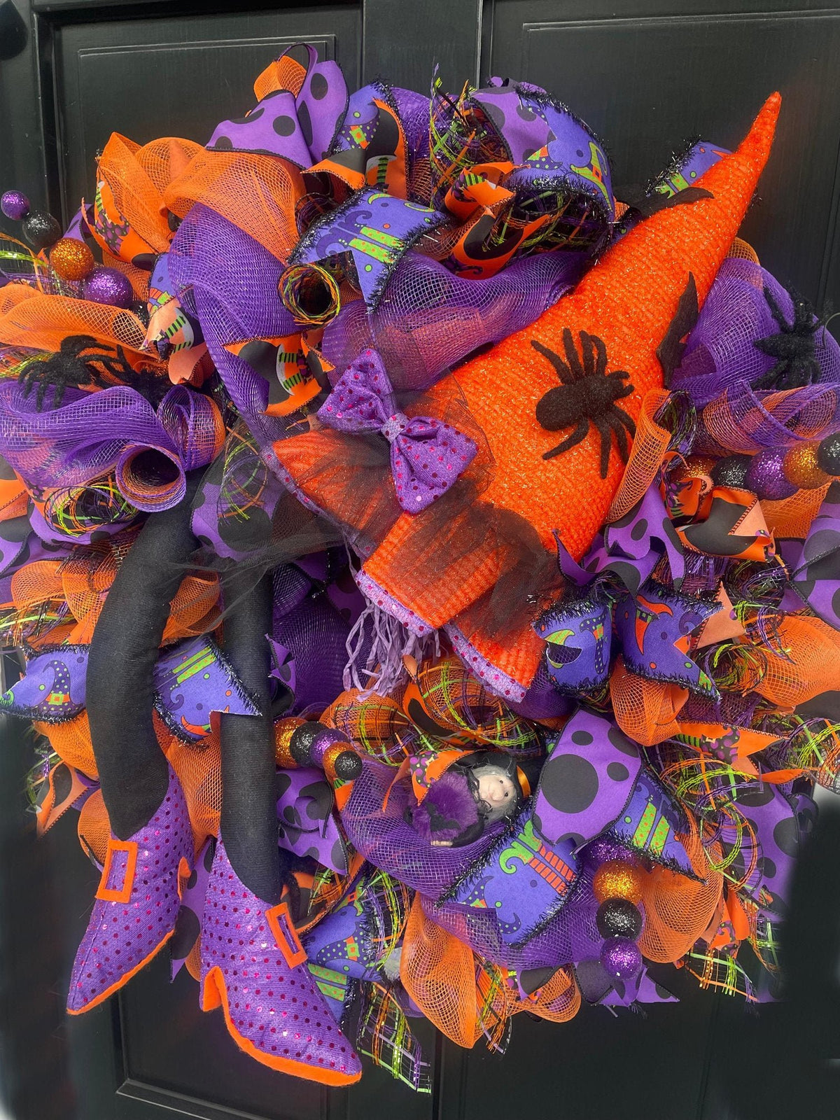 Large Witch Halloween Wreath | Purple & Orange Front Door Decor | 70cm (27.5")