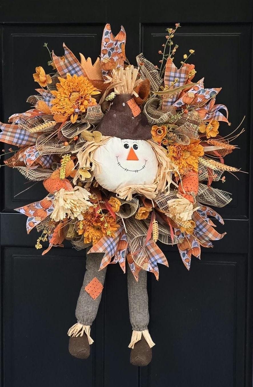 Large Autumn Fall Orange Scarecrow Harvest Front Door Wreath Luxury Rustic Wall Porch Hanger House Home Decor Decorations Thanksgiving Boho