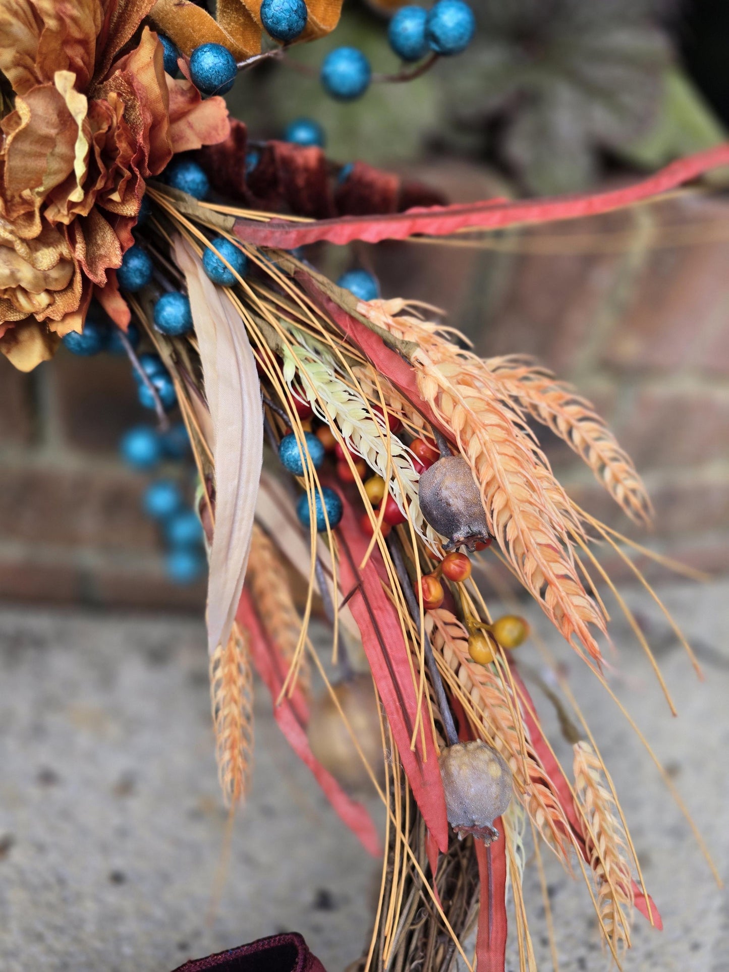 Orange Teal Autumn Fall Orange Harvest Front Door Wreath Luxury Rustic Wall Porch Hanger House Home Decor Decorations Thanksgiving Glam Boho