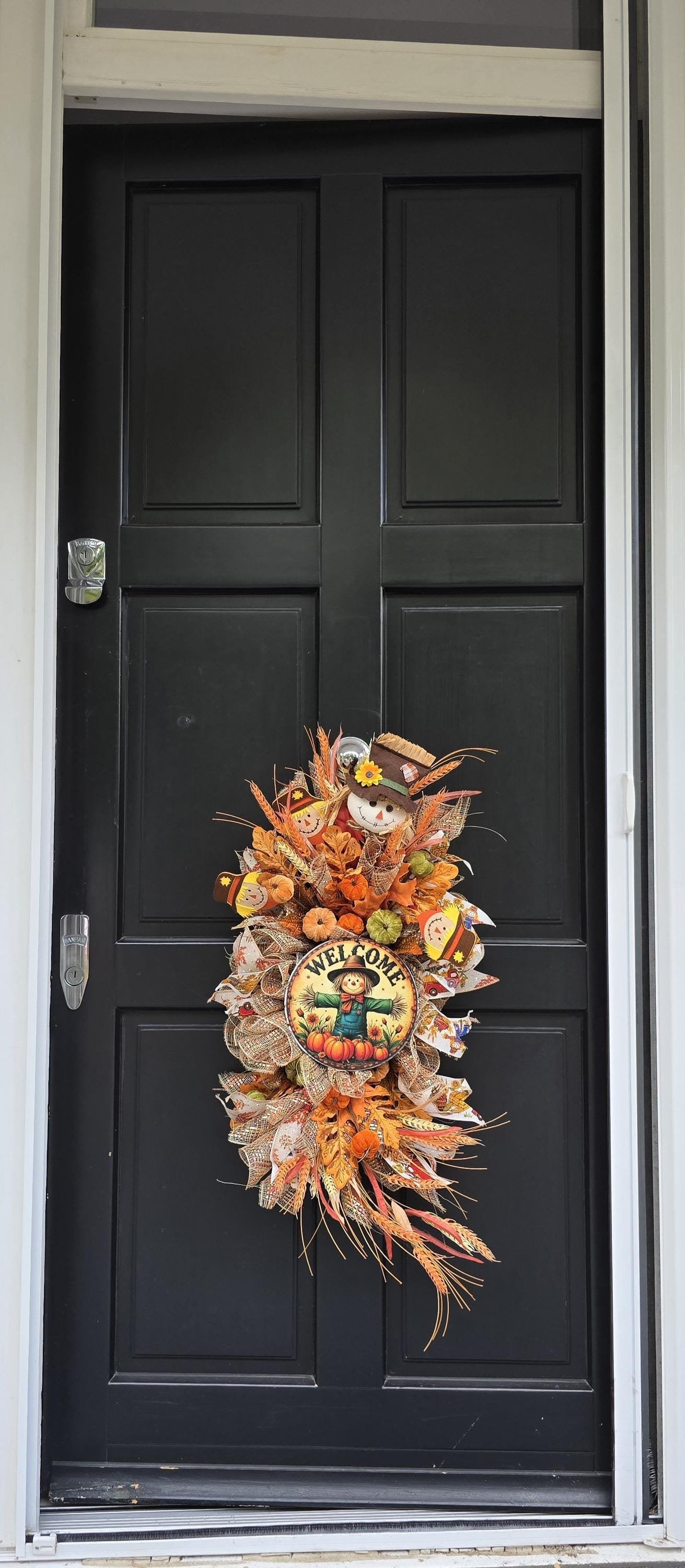 XL Autumn Fall Orange Scarecrow Harvest Front Door Wreath Luxury Rustic Wall Porch Hanger House Home Decor Decorations Thanksgiving Boho