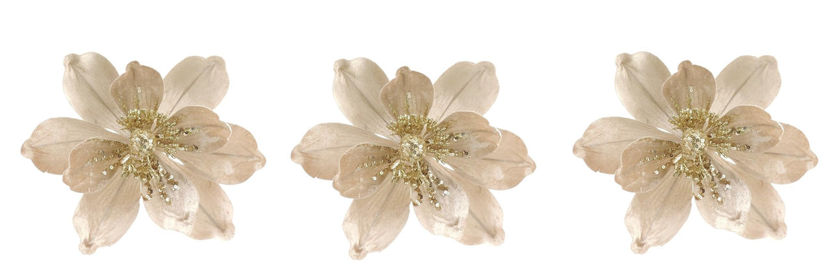Set of 3 Nude Gold Velvet Sequin Flower Christmas Tree Floral Pick Stem Ornament Xmas Decor Garland Wreath Decoration Accent Holiday Arrangement