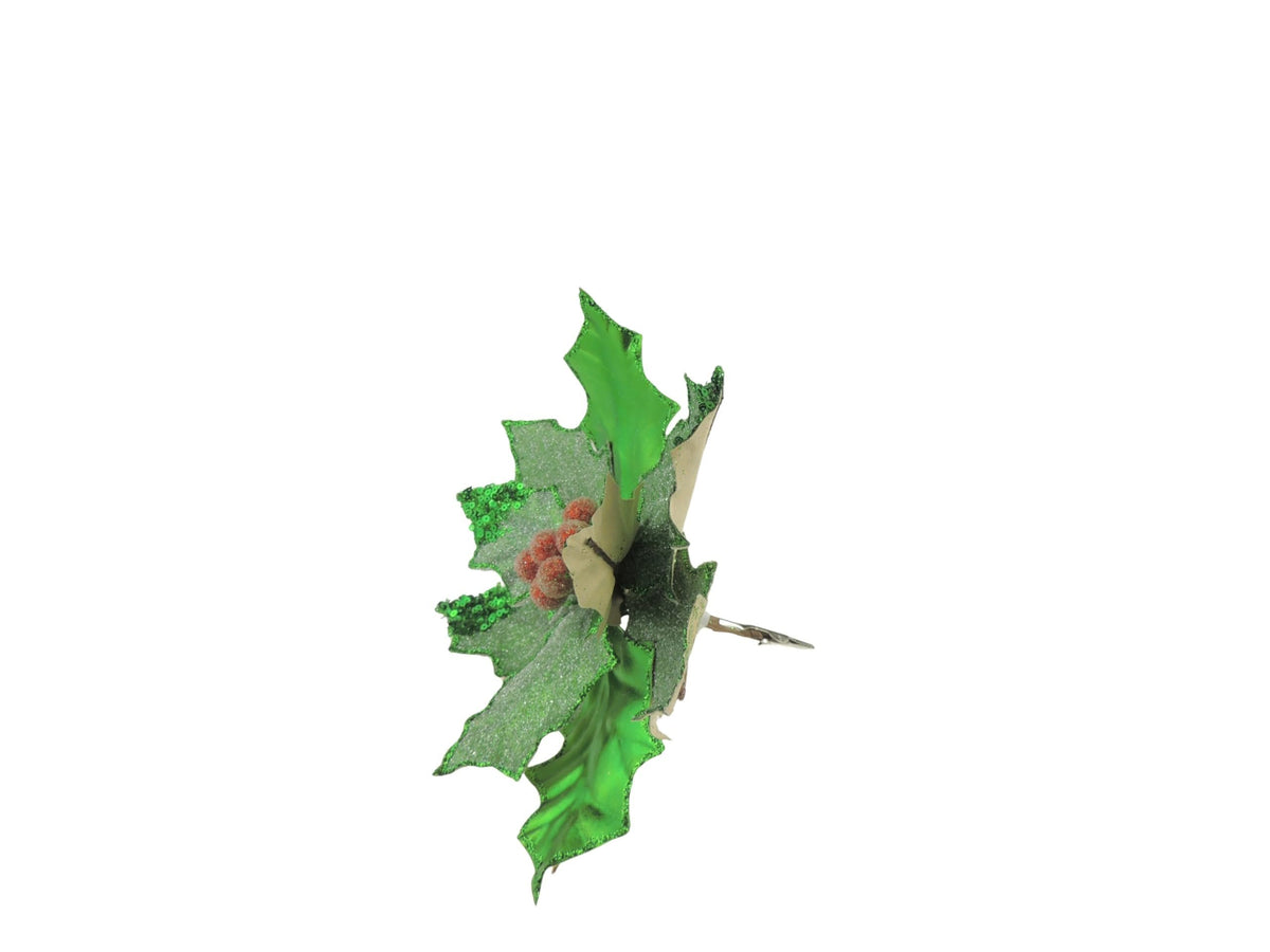 Set of 3 Metallic Green Red Glitter Sequin Clip Poinsettia Flower Christmas Tree Floral Pick Ornament Xmas Decor Garland Wreath Home Decoration