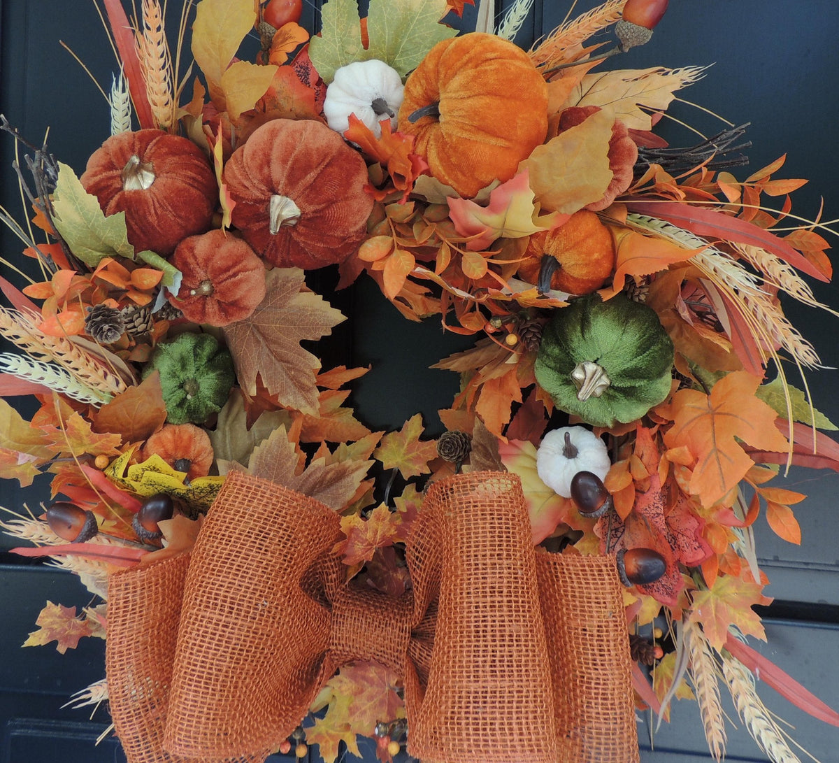 Large Velvet Pumpkin Autumn Wreath, Rustic Harvest Front Door Decor, Burnt Orange Fall Decoration, Thanksgiving Decorating