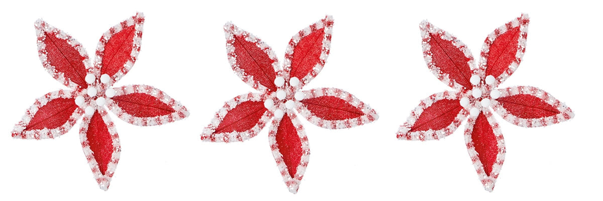 Set of 3 Velvet Sequin Edge Red White Poinsettia Flower Clip Christmas Tree Floral Pick Ornament Xmas Decor Garland Wreath Decoration