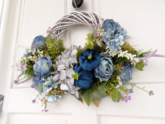 Blue Hydrangea Wreath, Front Door Wreaths, Blue Floral Wreath, Spring Summer Wreath, Grapevine Wreath, Cottage Door Decor, Gift for Her