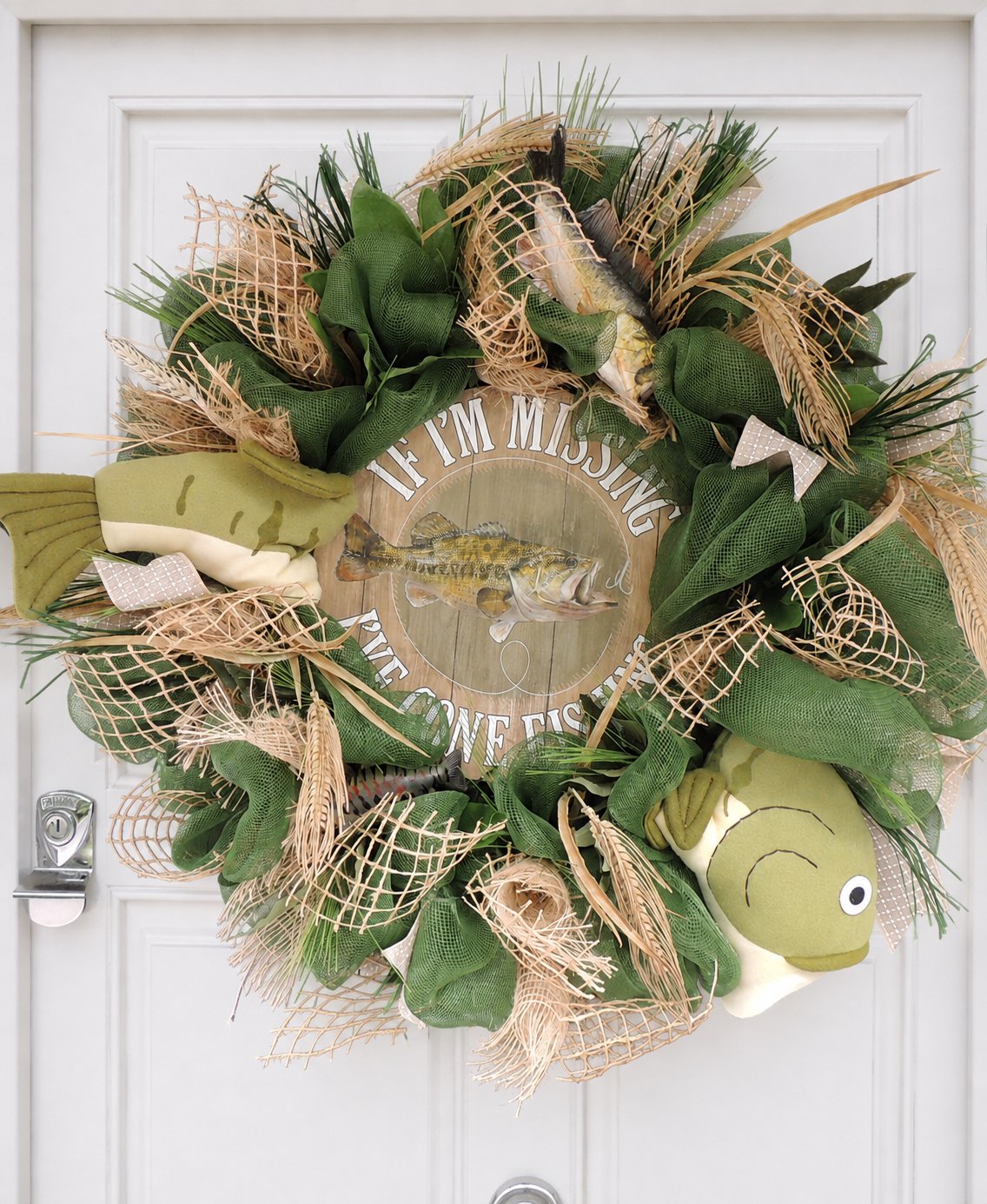 27" Oversized XL Green Fishing Wreath,Cabin Front Door Swag,Rustic Country Home Decor,Lake House Decoration,Natural House Warming gift