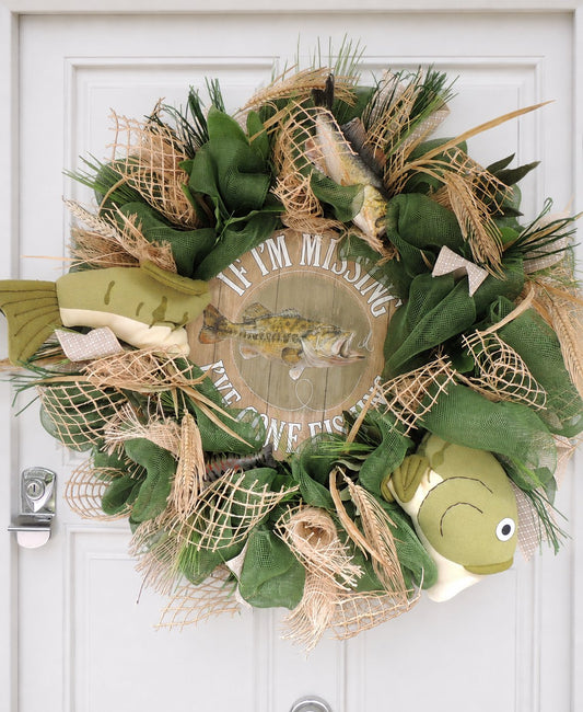 27" Oversized XL Green Fishing Wreath,Cabin Front Door Swag,Rustic Country Home Decor,Lake House Decoration,Natural House Warming gift