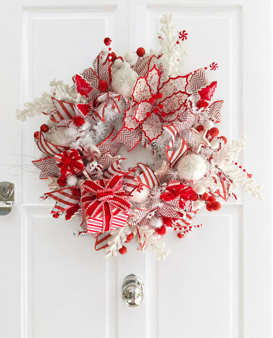 Luxury Red & White Christmas Wreath | Peppermint Candy & Gift Box Front Door Wreath | 50cm (20")