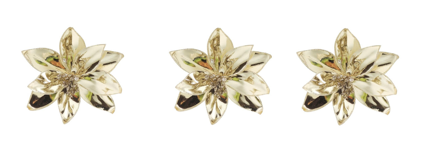 Set of 3 Metallic Gold Glitter Clip Poinsettia Flower Christmas Tree Floral Pick Ornament Xmas Decor Garland Wreath Decoration