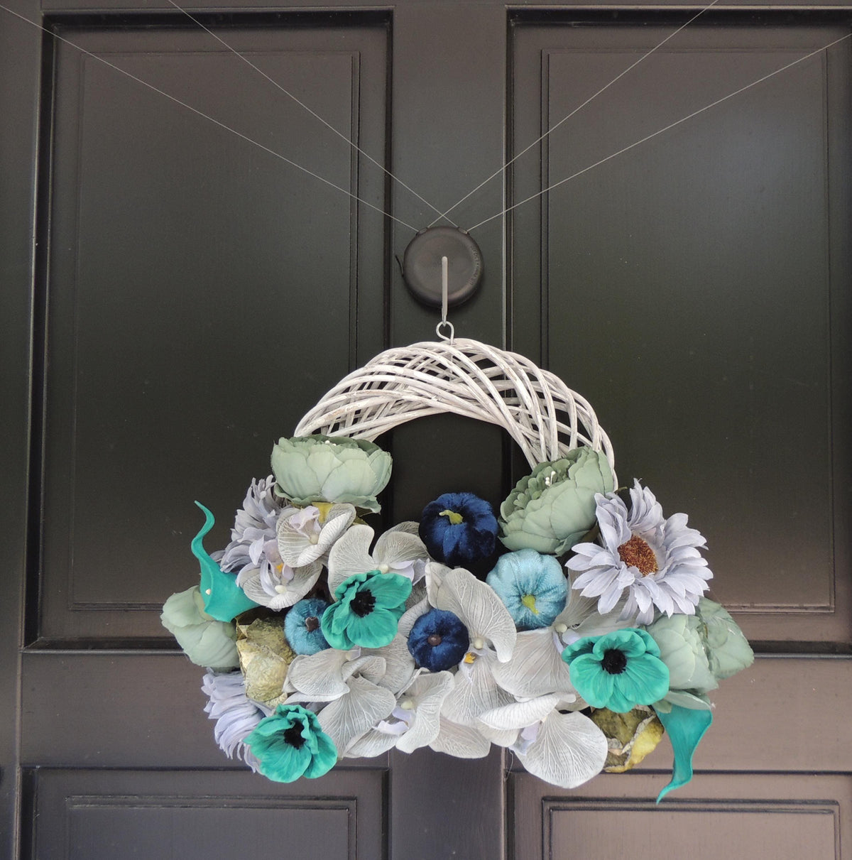 Blue Pumpkin Wreath, Beach House Front Door Wreath, Teal Floral Wreath, Turquoise Wreath, Modern Summer Wreath, Luxury Door Decor,Lake House