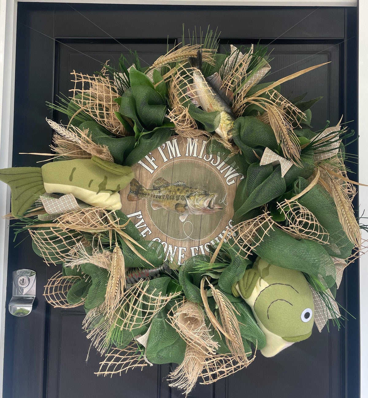 27" Oversized XL Green Fishing Wreath,Cabin Front Door Swag,Rustic Country Home Decor,Lake House Decoration,Natural House Warming gift