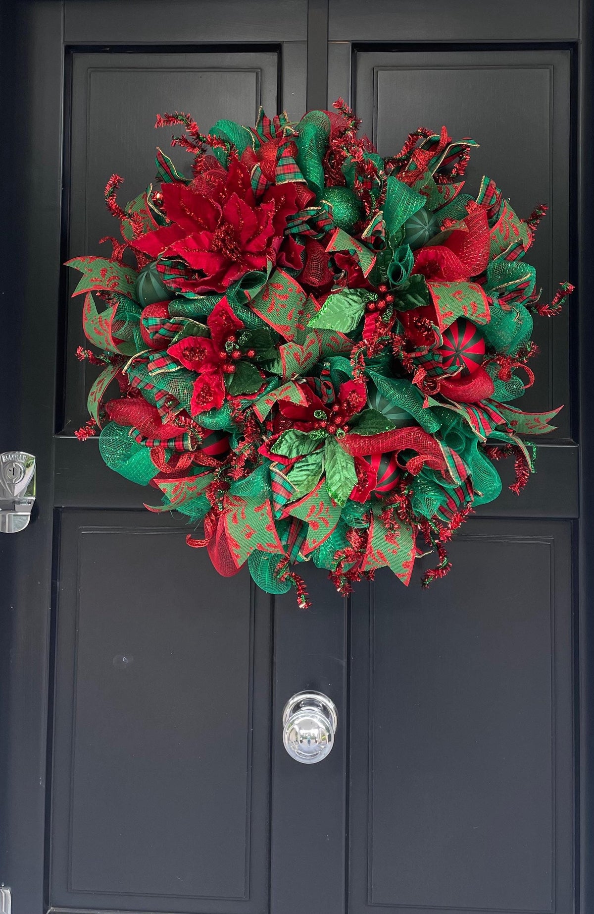 Traditional Red and Green Christmas Wreath Front Door,Classic Holiday Door Decor,Festive Handmade Winter Wreath,Velvet Poinsettia Wreath