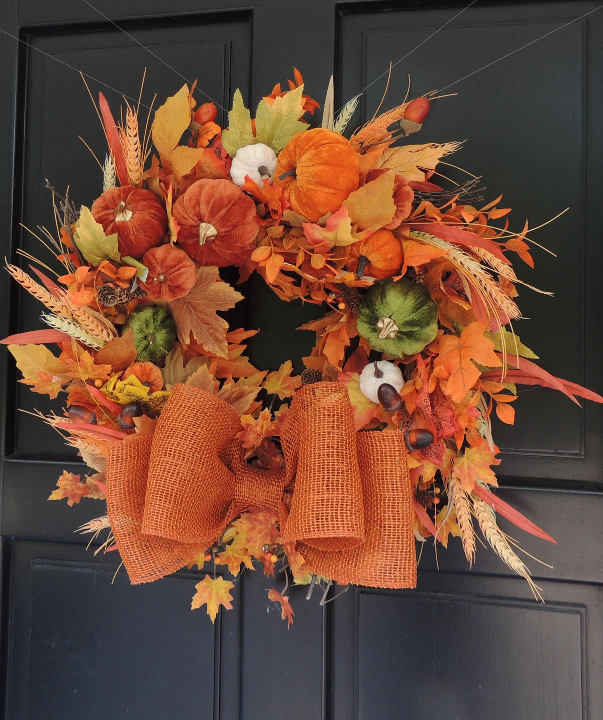 Large Velvet Pumpkin Autumn Wreath, Rustic Harvest Front Door Decor, Burnt Orange Fall Decoration, Thanksgiving Decorating