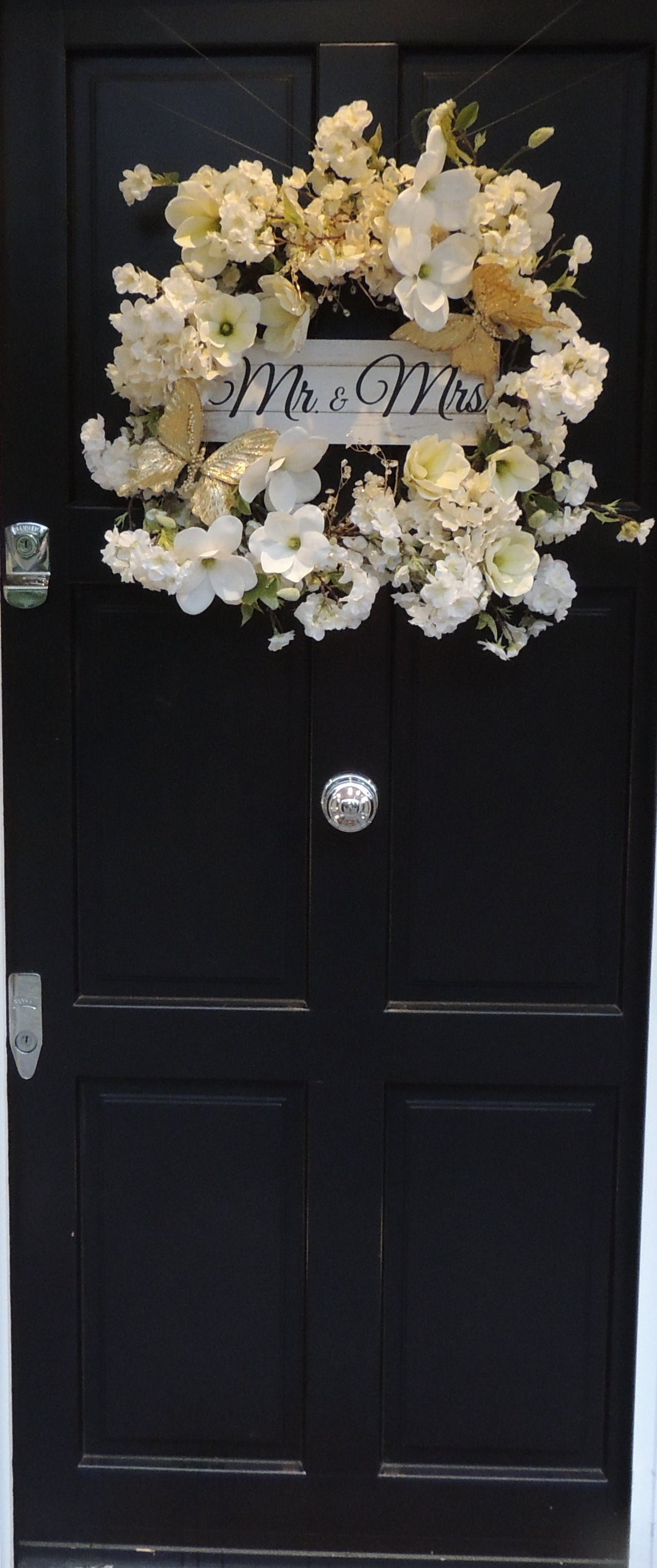 White Ivory Mr & Mrs Wedding Wreath Swag | White Ivory Magnolia Hydrangea Front Door Wreath Gold Butterflies | 50cm Bridal Reception Decor