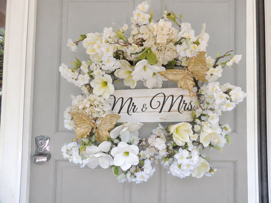 White Ivory Mr & Mrs Wedding Wreath Swag | White Ivory Magnolia Hydrangea Front Door Wreath Gold Butterflies | 50cm Bridal Reception Decor