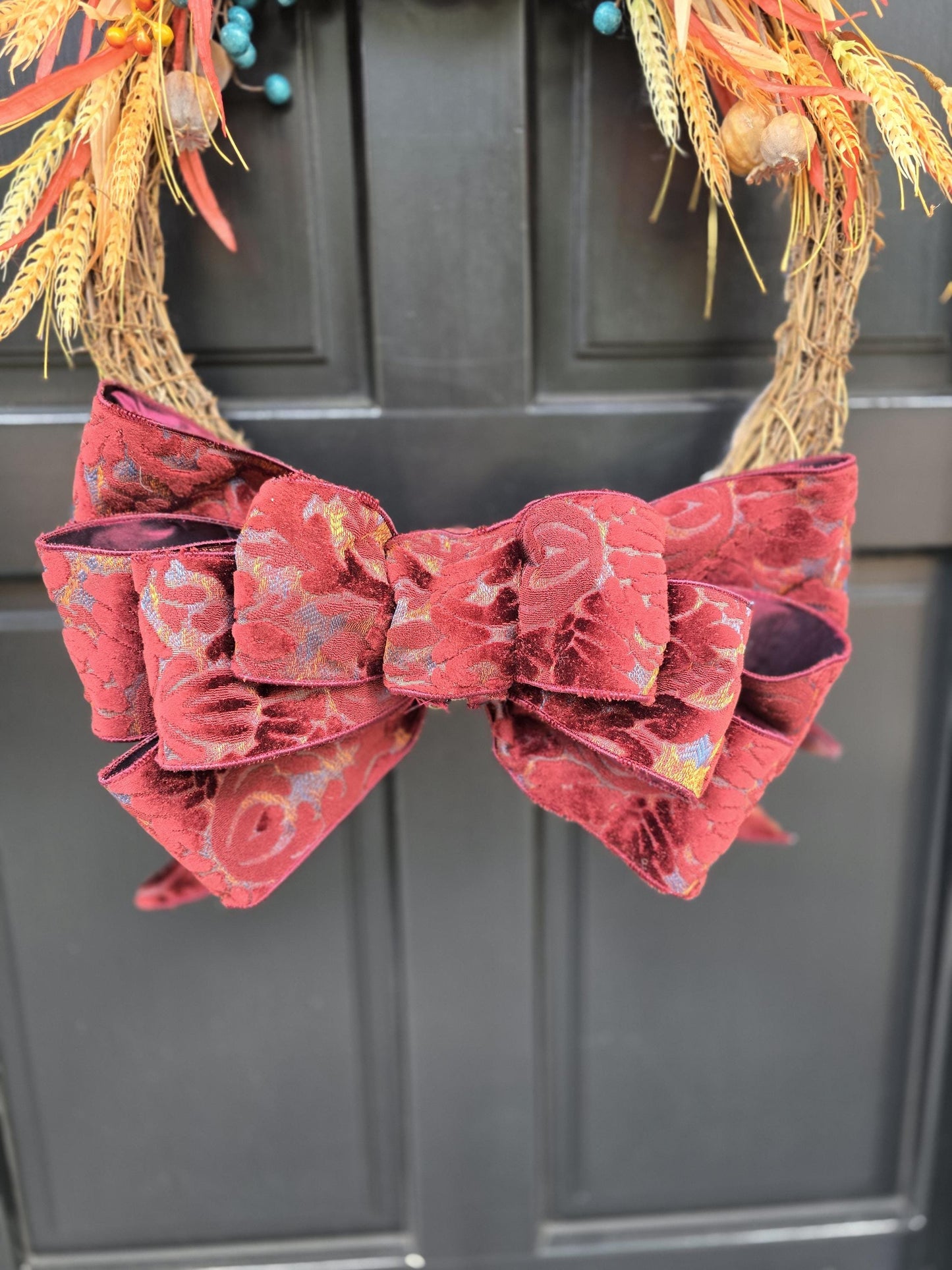 Orange Teal Autumn Fall Orange Harvest Front Door Wreath Luxury Rustic Wall Porch Hanger House Home Decor Decorations Thanksgiving Glam Boho