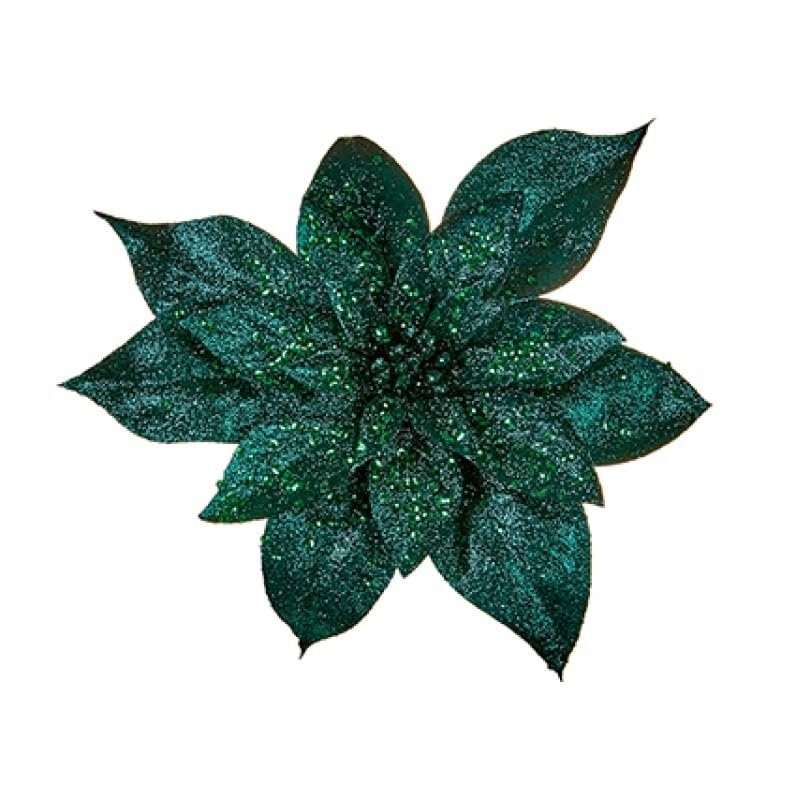 Glamour Girlz Set of 3 Sparkly Glitter Green Poinsettia Flower Christmas Tree Floral Pick Ornament Xmas Decor Garland Wreath Decoration