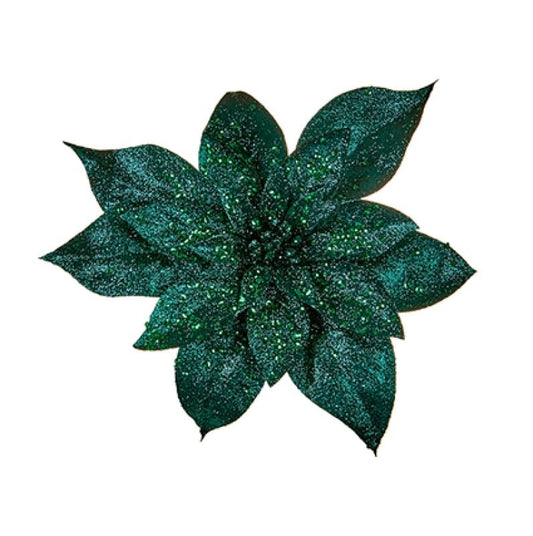 Glamour Girlz Set of 3 Sparkly Glitter Green Poinsettia Flower Christmas Tree Floral Pick Ornament Xmas Decor Garland Wreath Decoration