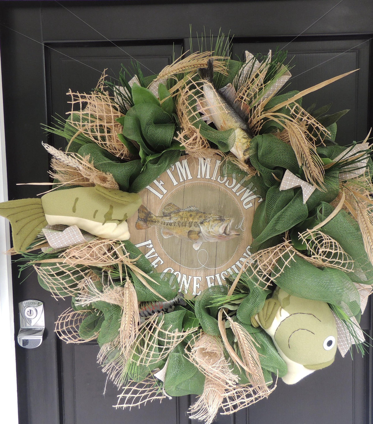 27" Oversized XL Green Fishing Wreath,Cabin Front Door Swag,Rustic Country Home Decor,Lake Beach House Decoration,Natural House Warming gift
