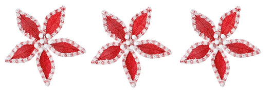 Set of 3 Velvet Sequin Edge Red White Poinsettia Flower Clip Christmas Tree Floral Pick Ornament Xmas Decor Garland Wreath Decoration